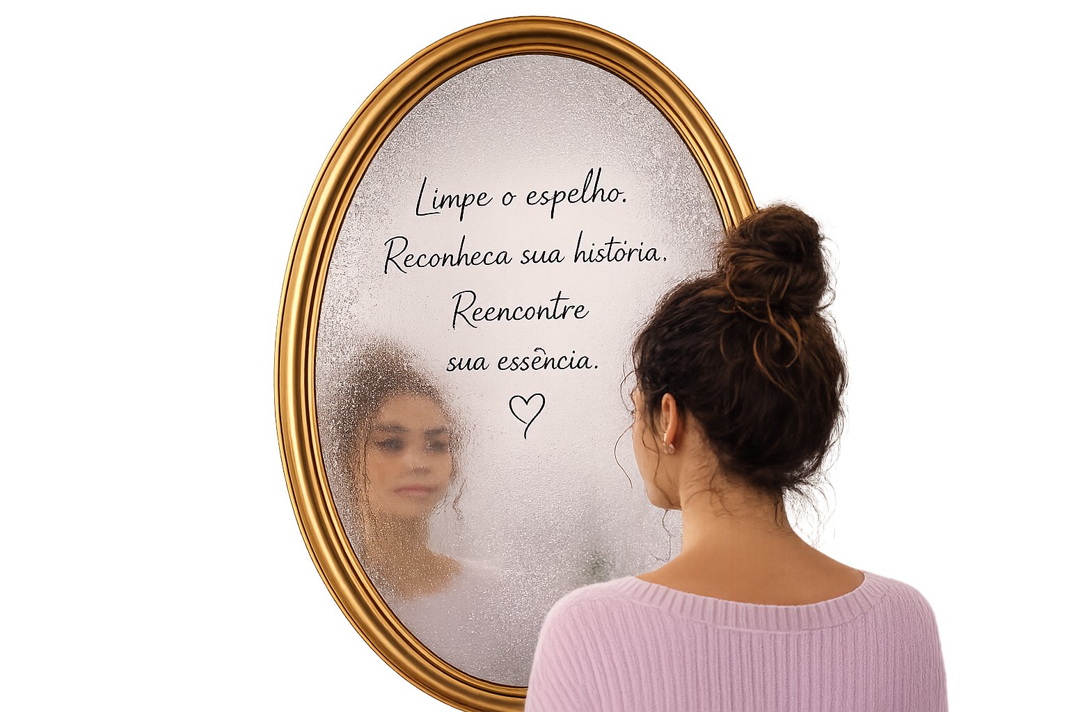 Mulher diante de um espelho com a mensagem: Limpe o espelho. Reconheça sua história. Reencontre sua essência.